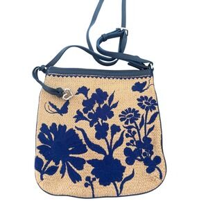 Brighton Straw Floral Applique French Blue Leather‎ Trim Crossbody Bag Purse